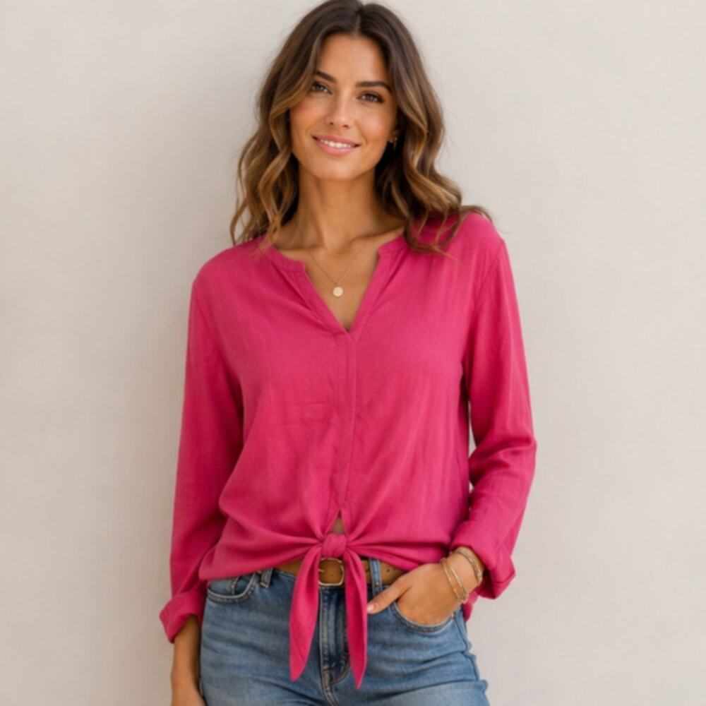 J. Jill Blouse Women's Size M Rayon Coral Long Sleeve V-neck Casual Minimalist - Picture 1 of 8